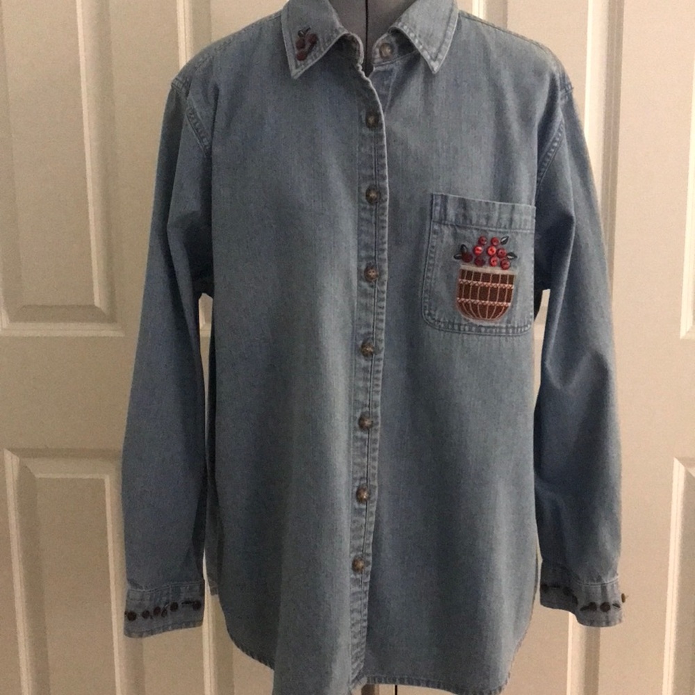 C.J. Banks Blue Denim Blouse w/ Basket Embroidery & Red Button Apples 1X Plus